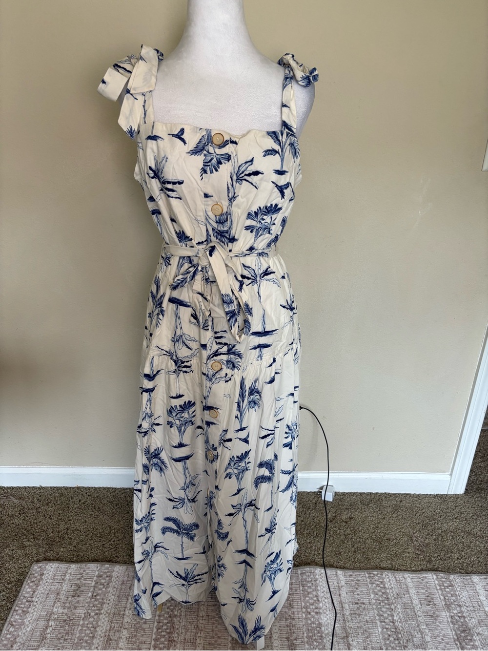 Dress Forum Women’s Blue & White Palm Tree Print Midi Dress Size Large